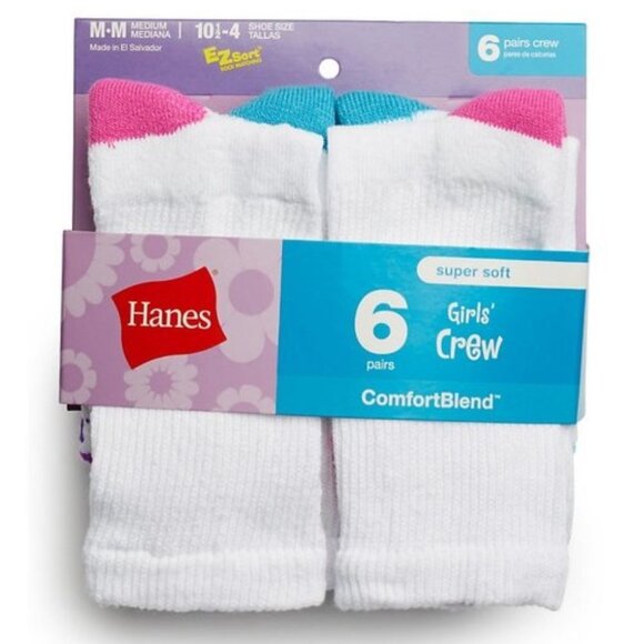 Hanes Kids Girls Crew Socks 6-Pack - Picture 1 of 7